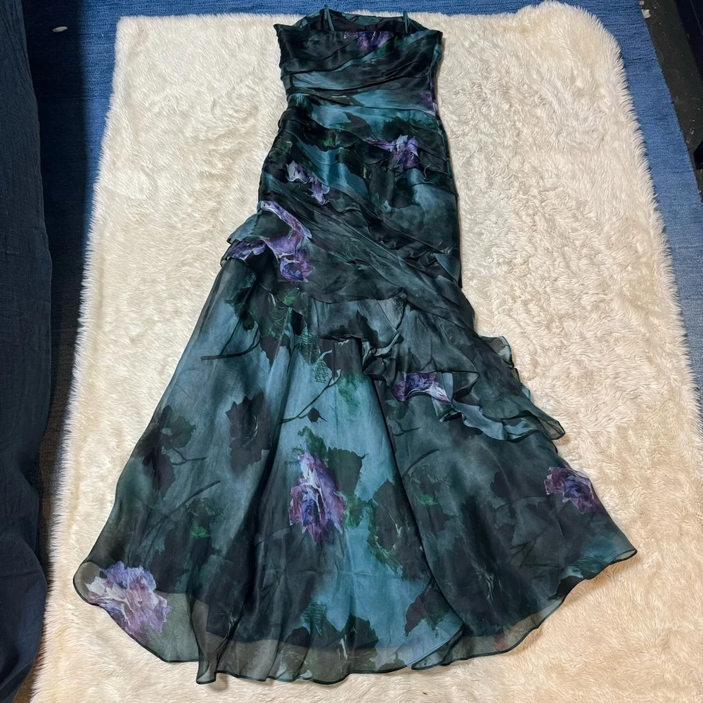 Theia Dark Teal & Purple Floral Strapless Ruffled Gown Size 8 NWT ⭐️⭐️⭐️⭐️⭐️ - Picture 3 of 11